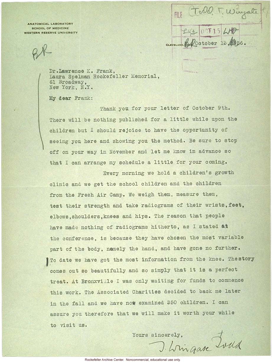 W. Todd letter to L Frank, about x-ray study of children