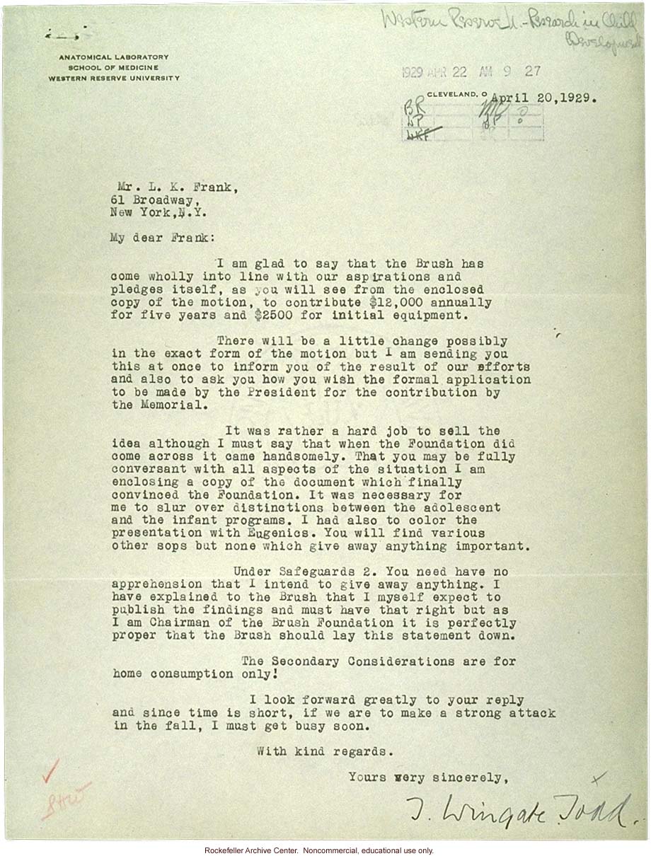 W. Todd letter to L. Frank about &quote;selling&quote; research project to Brush Foundation