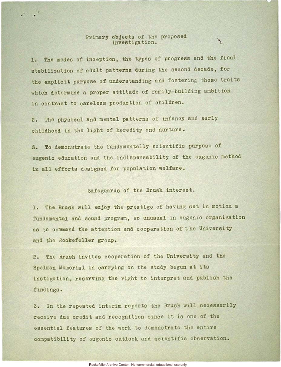 &quote;Primary objects of the proposed investigation,&quote; research outline to Brush Foundation, by Wingate Todd