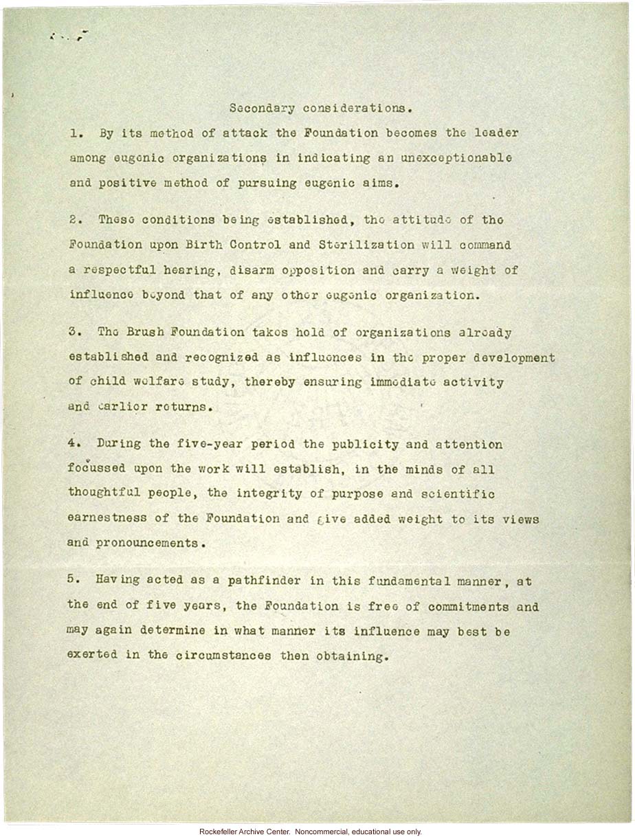 &quote;Primary objects of the proposed investigation,&quote; research outline to Brush Foundation, by Wingate Todd