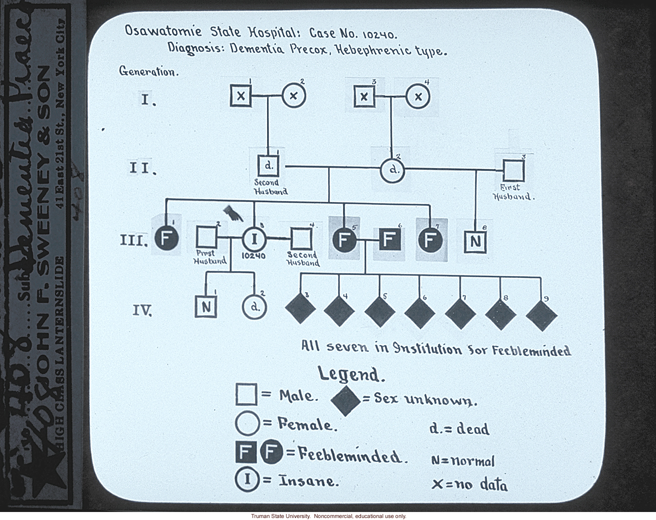 Pedigree: &quote;Osawatomie State Hospital: case no. 10240.  Diagnosis: dementia precox, hebephrenic type&quote;