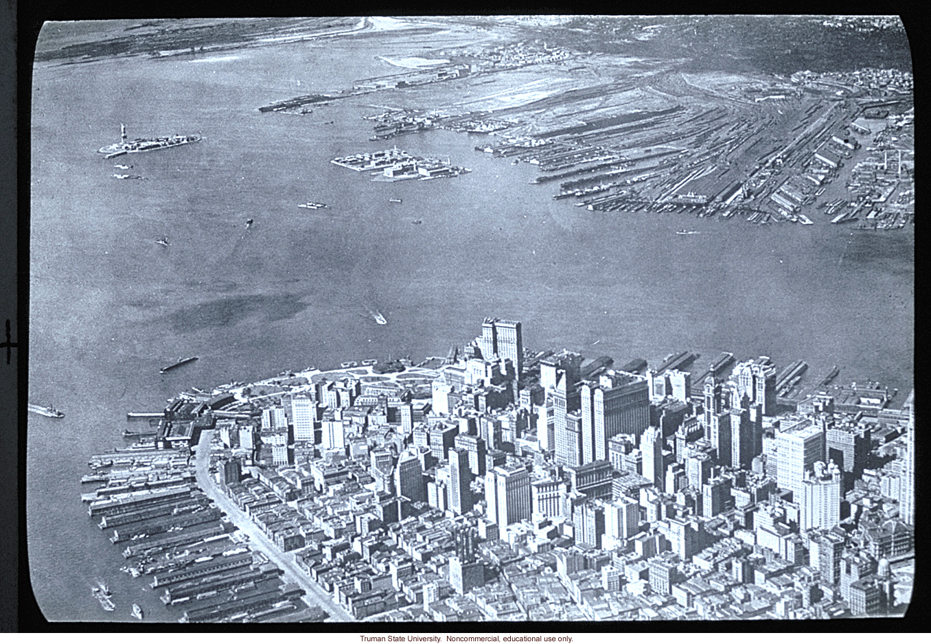 Aerial view of lower Manhattan and Ellis Island
