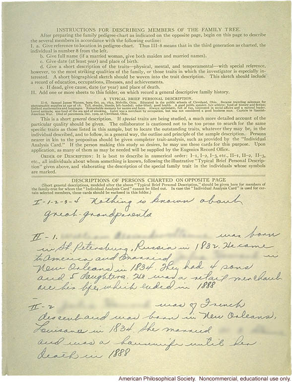 Student report and Eugenics Record Office  Family Tree Folder on &quote;sinisterity&quote; (left-handedness)