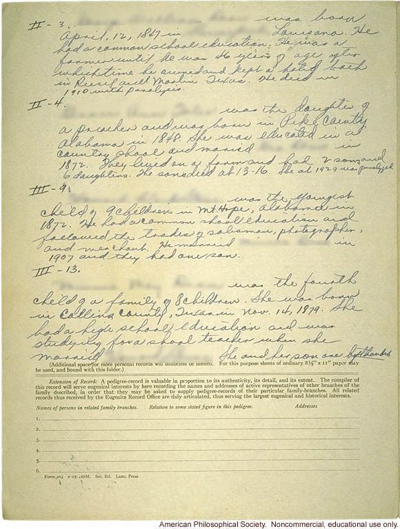 Student report and Eugenics Record Office  Family Tree Folder on &quote;sinisterity&quote; (left-handedness)