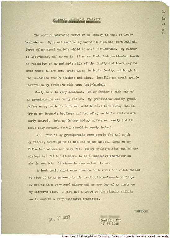 Student report and Eugenics Record Office  Family Tree Folder on &quote;sinisterity&quote; (left-handedness)