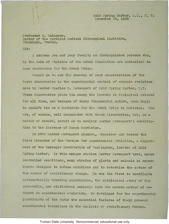 H. Laughlin's letter to C. Holmgren recommending C. Davenport for Nobel Prize
