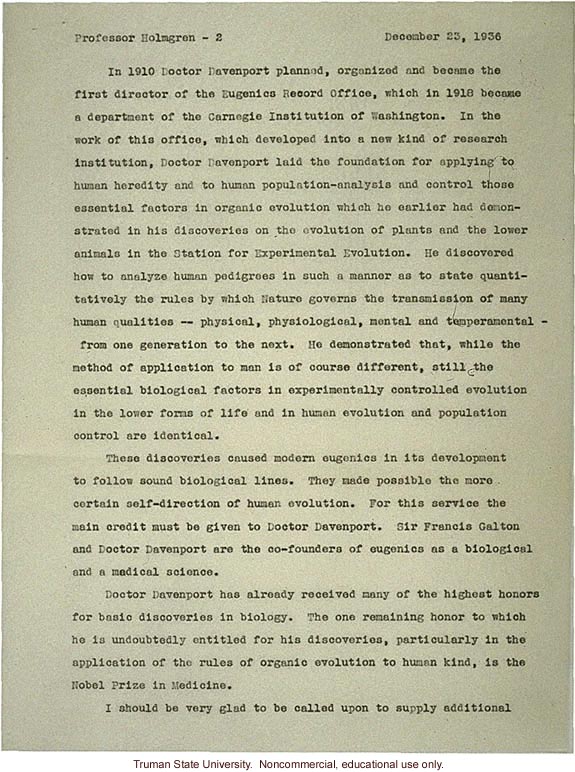 H. Laughlin's letter to C. Holmgren recommending C. Davenport for Nobel Prize