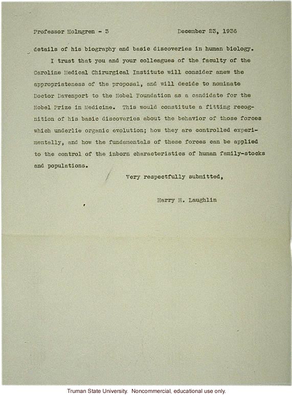 H. Laughlin's letter to C. Holmgren recommending C. Davenport for Nobel Prize