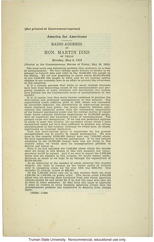 &quote;America for Americans: Radio address of Hon. Martin Dies of Texas,&quote; May 6, 1935, about deportation