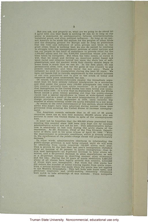 &quote;America for Americans: Radio address of Hon. Martin Dies of Texas,&quote; May 6, 1935, about deportation