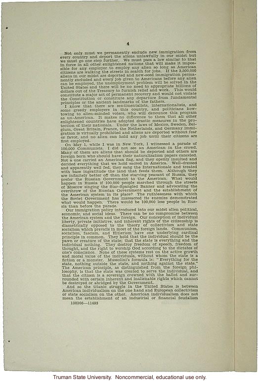 &quote;America for Americans: Radio address of Hon. Martin Dies of Texas,&quote; May 6, 1935, about deportation