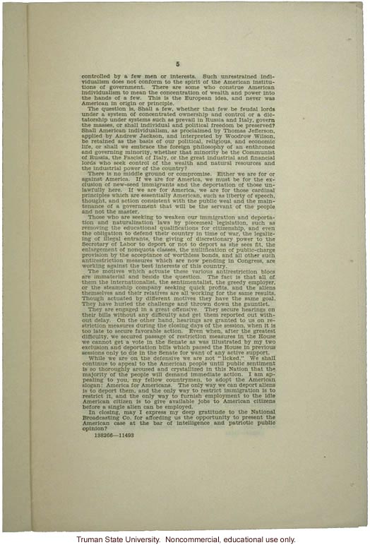 &quote;America for Americans: Radio address of Hon. Martin Dies of Texas,&quote; May 6, 1935, about deportation