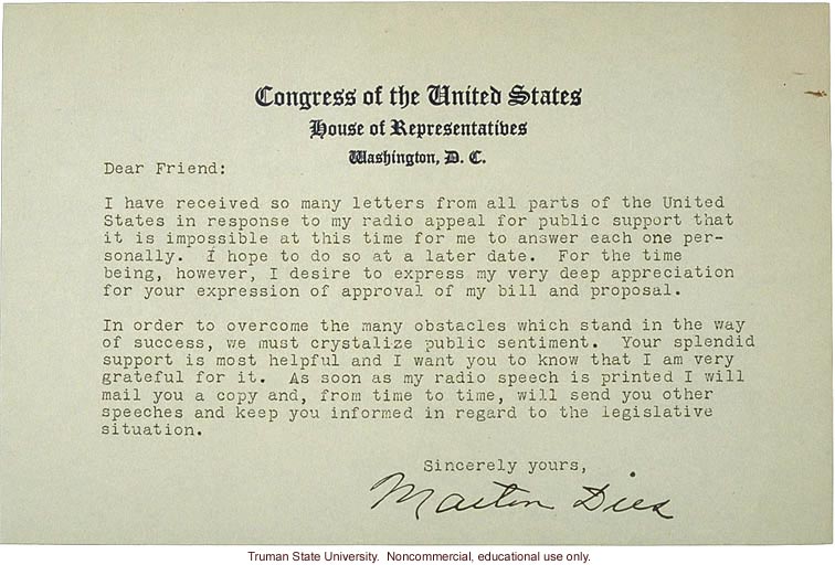 Martin Dies form letter response to supporters of his radio address on deportation