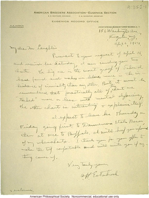 A. Estabrook letter to H. Laughlin about Jukes pedigree