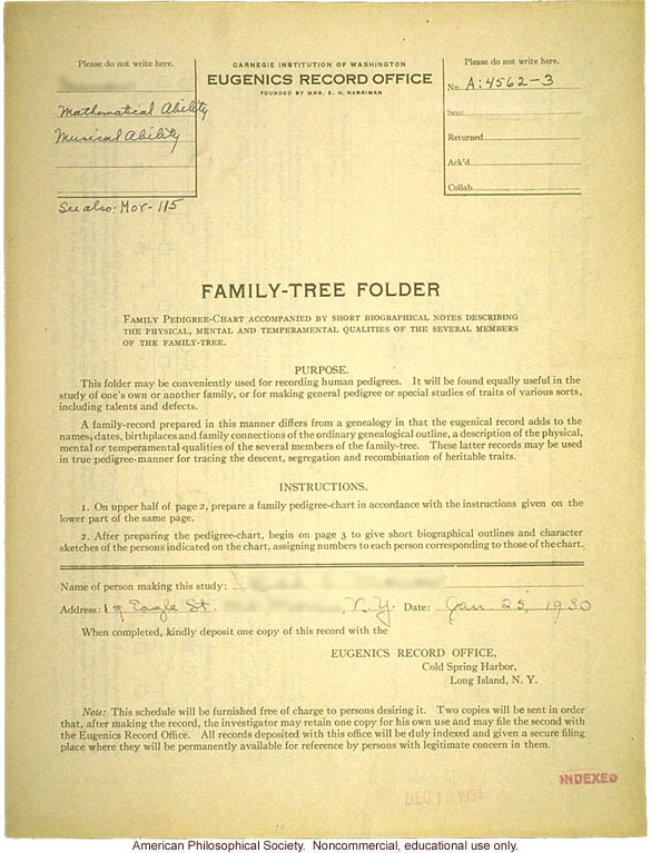 Family tree folder recording inheritance of mathematical and musical ability
