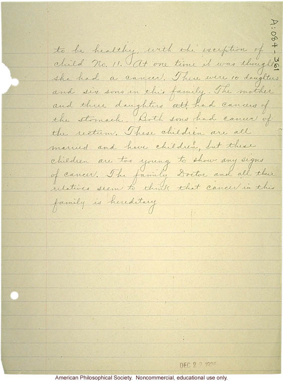 &quote;A family with cancer. Mother and six children died of cancer,&quote; pedigree and family history of stomach cancer