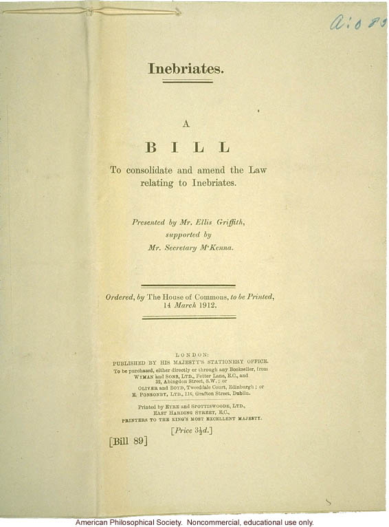 British House of Commons Bill on Inebriates, inscribed to H. Laughlin