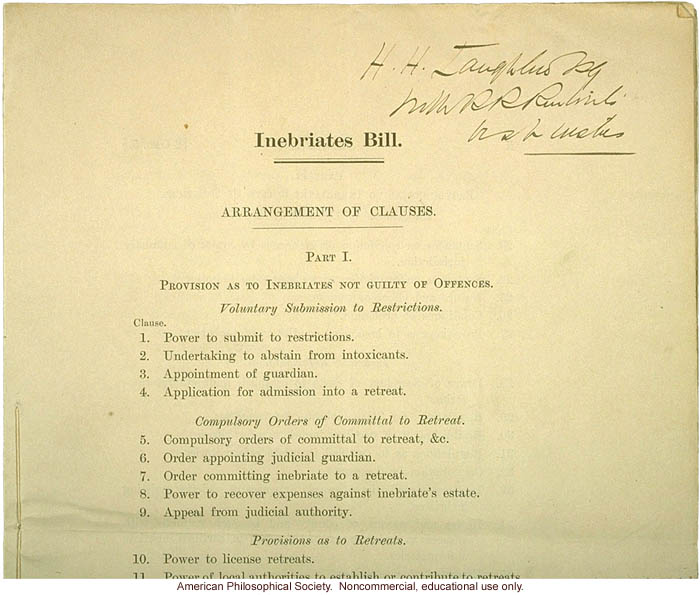 British House of Commons Bill on Inebriates, inscribed to H. Laughlin