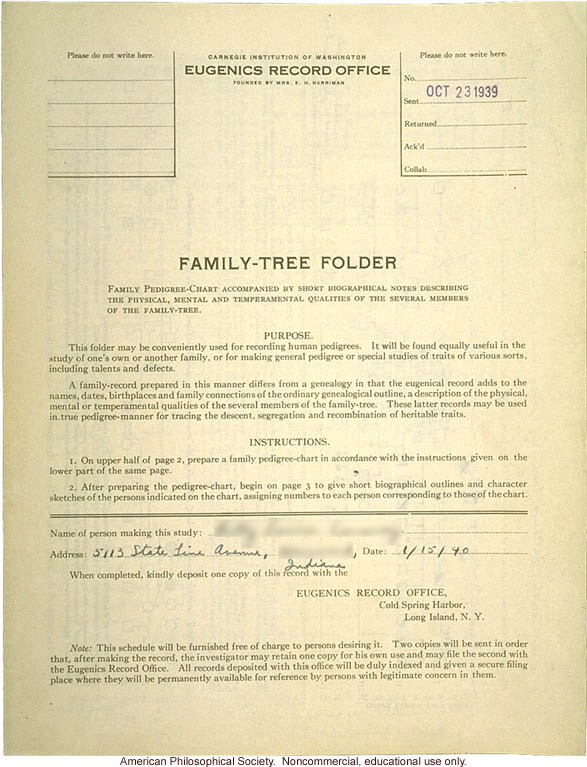 Family-tree folder recording inheritance of allergies, longevity, civic leadership, and other traits