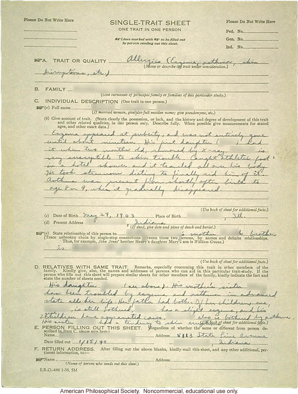 Single-trait sheet recording inheritance of &quote;allergies (eczema, asthma, skin disruptions, etc.)&quote;