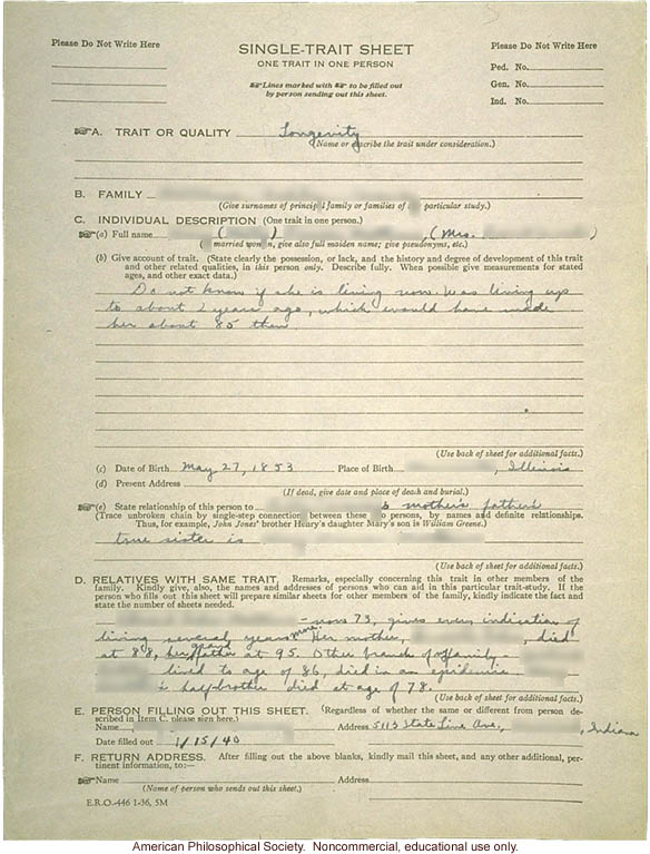 Single-trait sheet recording inheritance of longevity