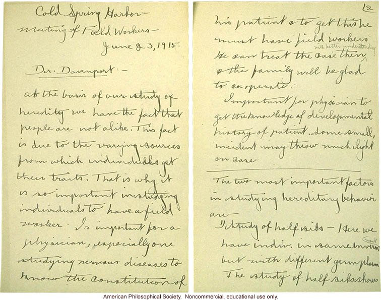 &quote;Cold Spring Harbor: Meeting of Field Workers, June 23, 1915,&quote; notes including comments by C. Davenport, H. Laughlin, and A Rosanoff