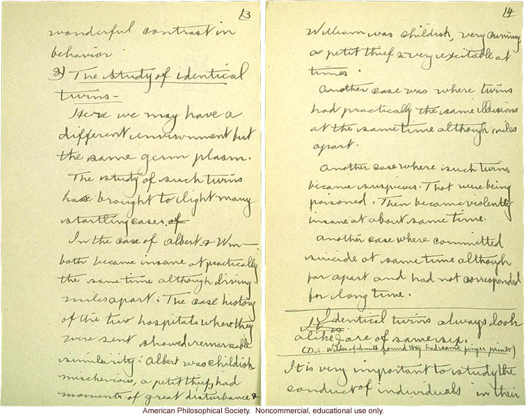 &quote;Cold Spring Harbor: Meeting of Field Workers, June 23, 1915,&quote; notes including comments by C. Davenport, H. Laughlin, and A Rosanoff