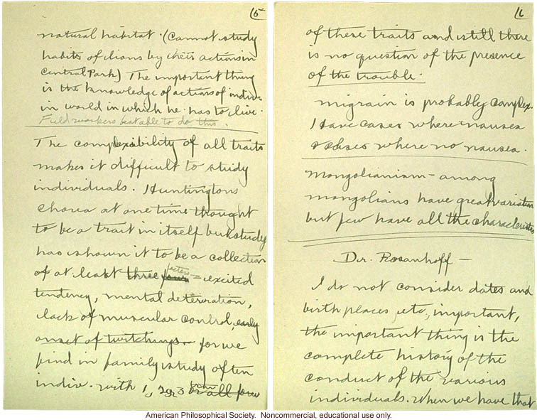 &quote;Cold Spring Harbor: Meeting of Field Workers, June 23, 1915,&quote; notes including comments by C. Davenport, H. Laughlin, and A Rosanoff