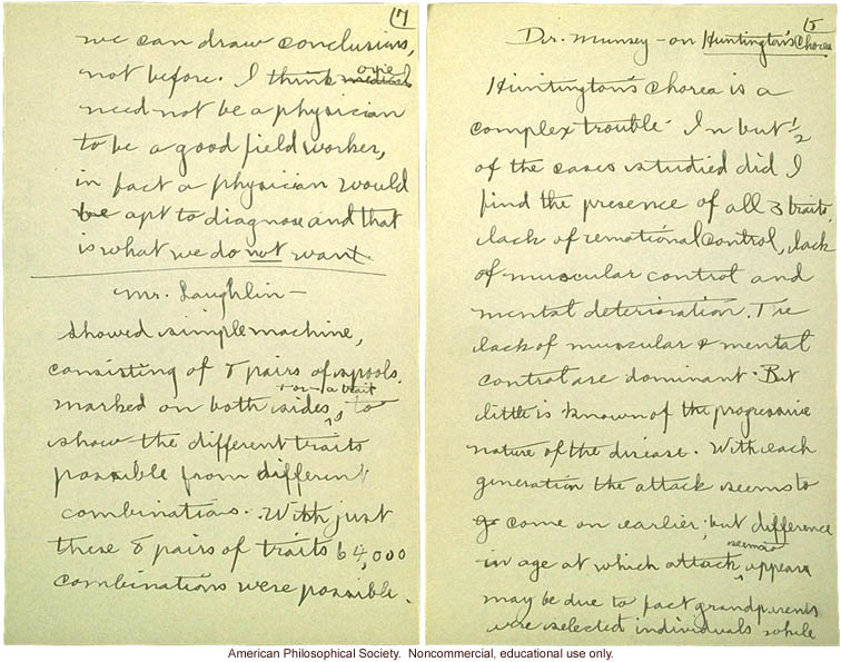 &quote;Cold Spring Harbor: Meeting of Field Workers, June 23, 1915,&quote; notes including comments by C. Davenport, H. Laughlin, and A Rosanoff