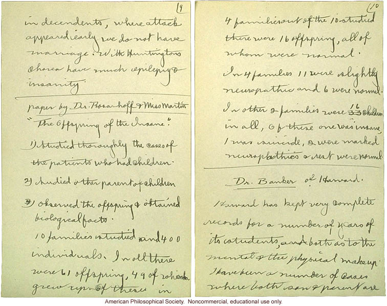 &quote;Cold Spring Harbor: Meeting of Field Workers, June 23, 1915,&quote; notes including comments by C. Davenport, H. Laughlin, and A Rosanoff