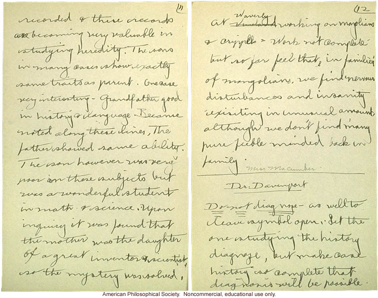 &quote;Cold Spring Harbor: Meeting of Field Workers, June 23, 1915,&quote; notes including comments by C. Davenport, H. Laughlin, and A Rosanoff