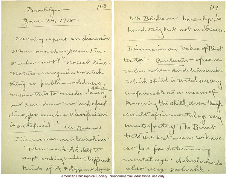 &quote;Cold Spring Harbor: Meeting of Field Workers, June 23, 1915,&quote; notes including comments by C. Davenport, H. Laughlin, and A Rosanoff