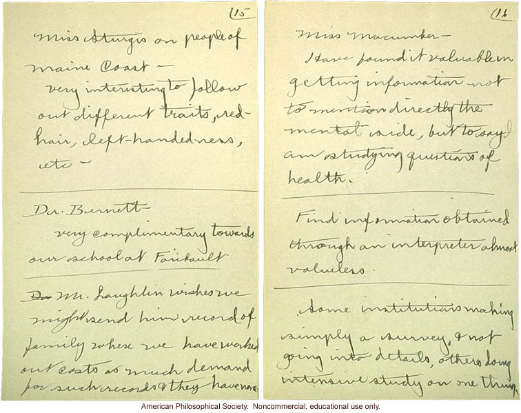 &quote;Cold Spring Harbor: Meeting of Field Workers, June 23, 1915,&quote; notes including comments by C. Davenport, H. Laughlin, and A Rosanoff