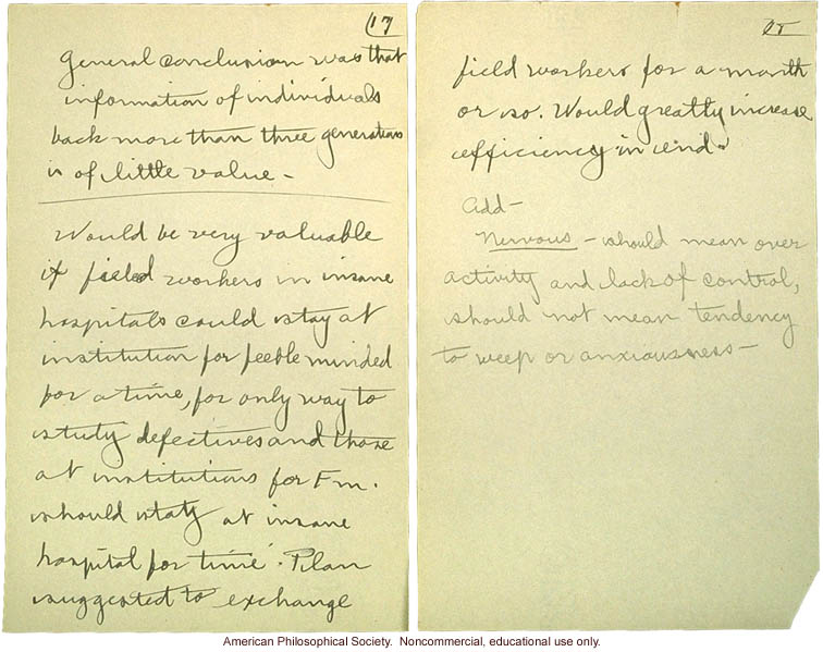 &quote;Cold Spring Harbor: Meeting of Field Workers, June 23, 1915,&quote; notes including comments by C. Davenport, H. Laughlin, and A Rosanoff