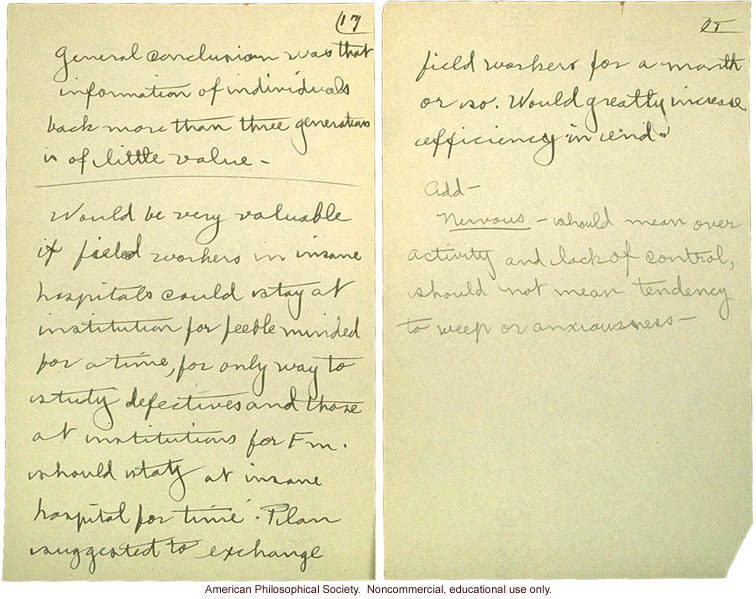 &quote;Cold Spring Harbor: Meeting of Field Workers, June 23, 1915,&quote; notes including comments by C. Davenport, H. Laughlin, and A Rosanoff