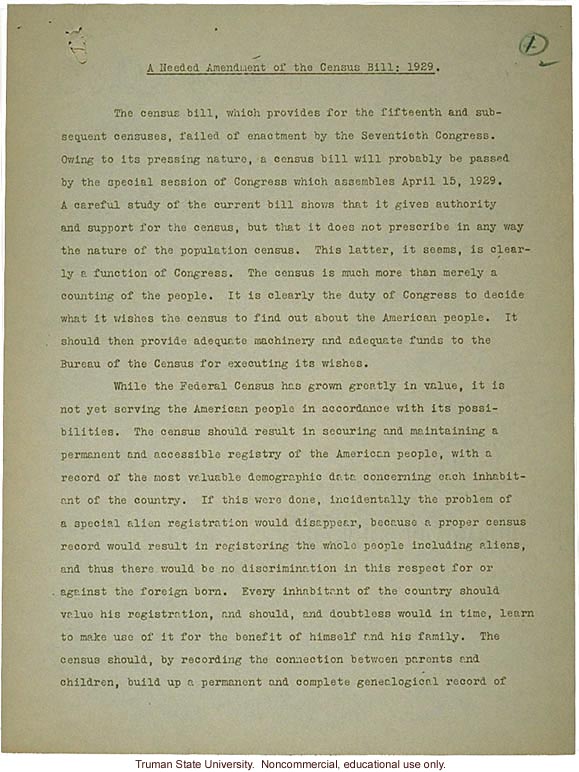 H. Laughlin document to Hon. L. Douglas, &quote;A needed amendment to Census Bill: 1929&quote;