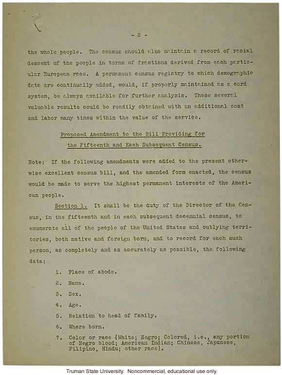 H. Laughlin document to Hon. L. Douglas, &quote;A needed amendment to Census Bill: 1929&quote;