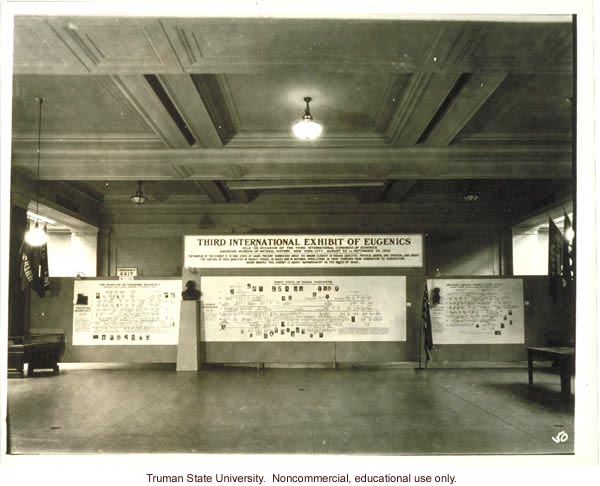 General view of pedigree exhibit on T. Roosevelt, G. Washington, A. Lincoln, 3rd International Eugenics Conference