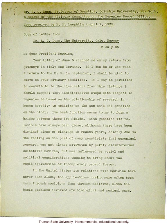L.C. Dunn letter to President Merriam, about eugenics in the U. S. and in Germany