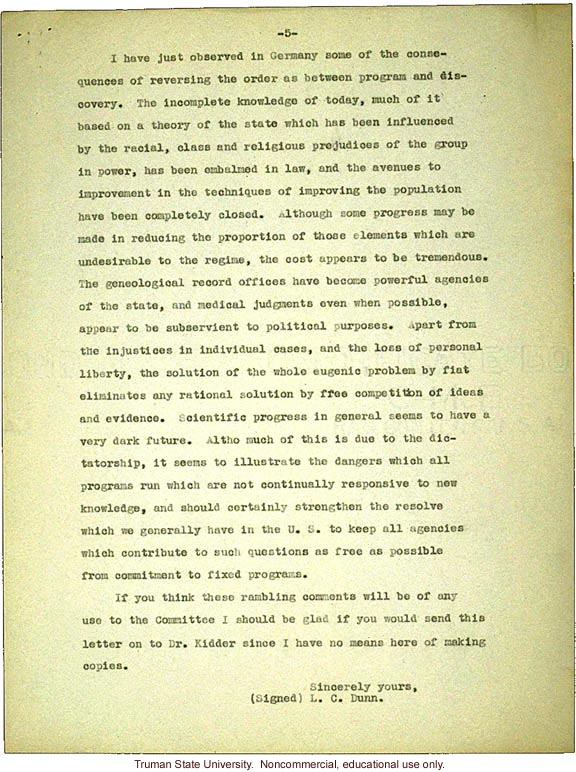 L.C. Dunn letter to President Merriam, about eugenics in the U. S. and in Germany