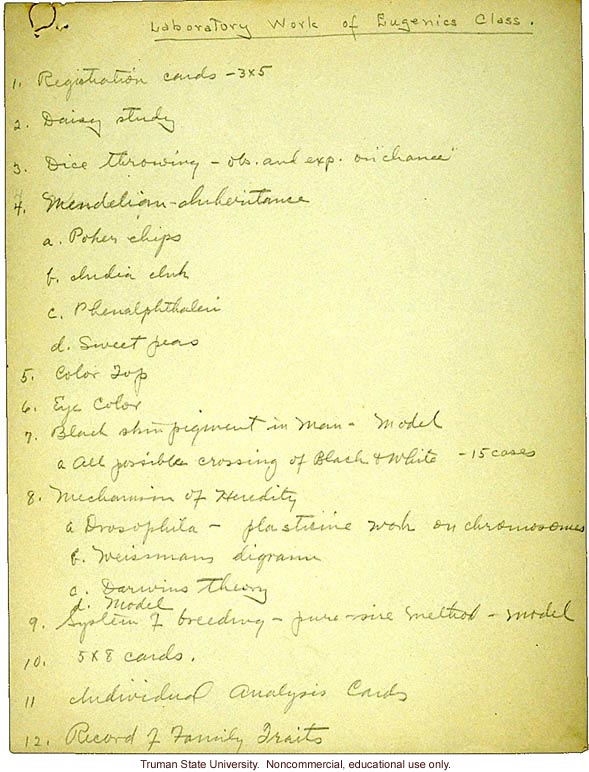 &quote;Laboratory work of eugenics class,&quote; field worker notes