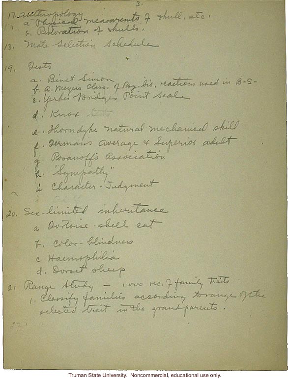 &quote;Laboratory work of eugenics class,&quote; field worker notes