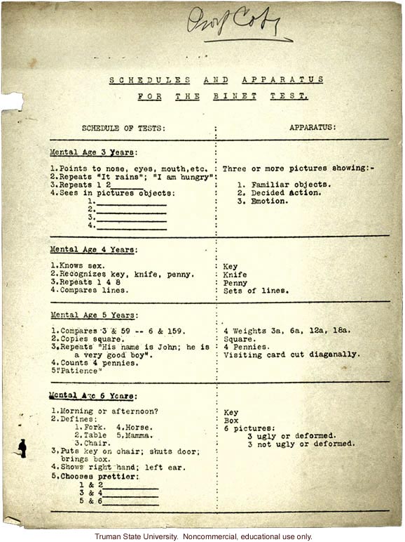 &quote;Schedule and apparatus for Binet test&quote;