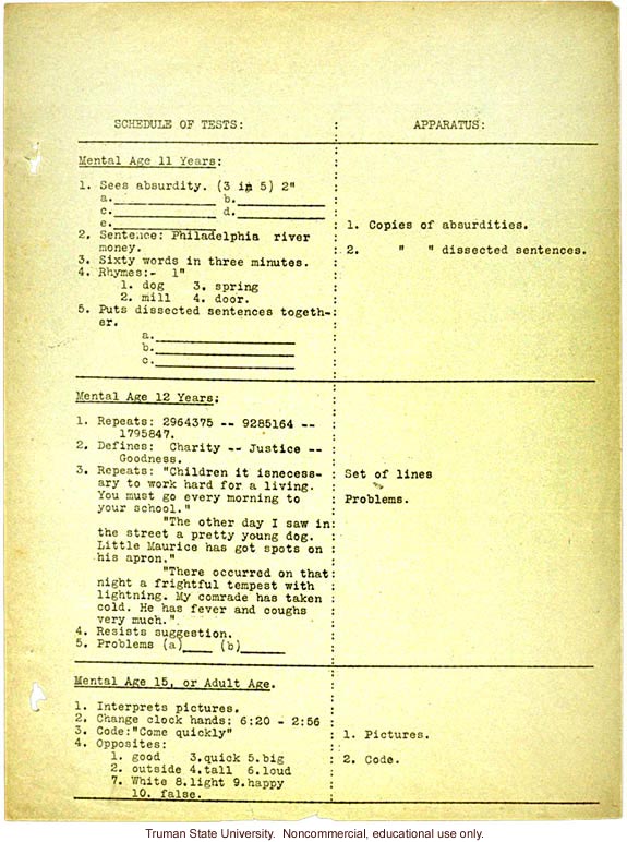 &quote;Schedule and apparatus for Binet test&quote;