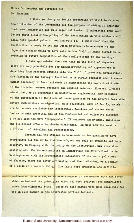 H. Laughlin draft of letter to Carniegie Insitution of Washington President J.C. Merriam, defending his lobbying for immigration restriction in Cuba