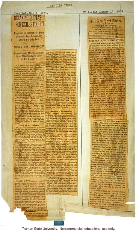 &quote;Relaxing quotas for exiles fought&quote; and &quote;Science and immgration,&quote; New York Times, May 4 and August 12, 1934 (Laughlin against exemptions for Jews)