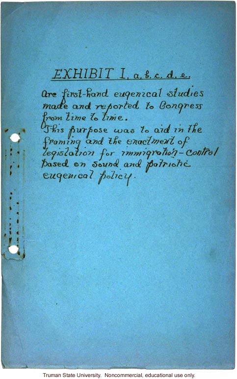 Handwritten cover to Congressional testimony 1920-24, about immigration