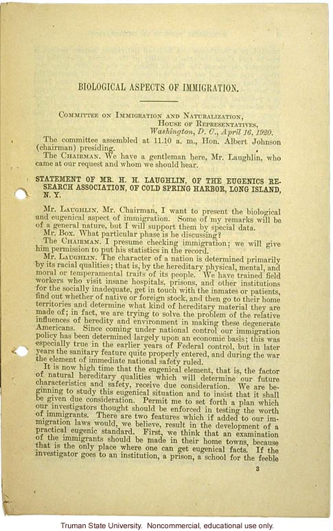 &quote;Biological aspects of immigration,&quote; Harry H. Laughlin testimony before the House Committee on Immigration and Naturalization