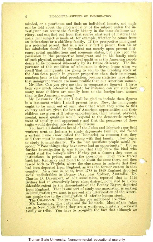 &quote;Biological aspects of immigration,&quote; Harry H. Laughlin testimony before the House Committee on Immigration and Naturalization