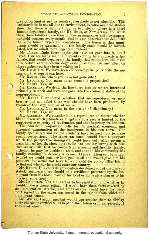 &quote;Biological aspects of immigration,&quote; Harry H. Laughlin testimony before the House Committee on Immigration and Naturalization